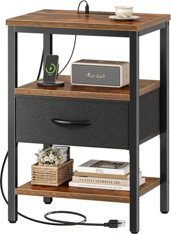 SUPERJARE Nightstand with Charging Station, Bed Side Table with Adjustable Fabric Drawer