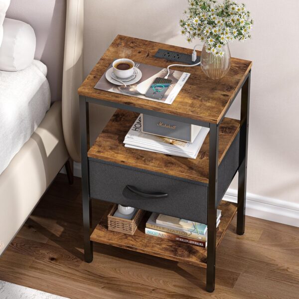 SUPERJARE Nightstand with Charging Station, Bed Side Table with Adjustable Fabric Drawer - Image 2