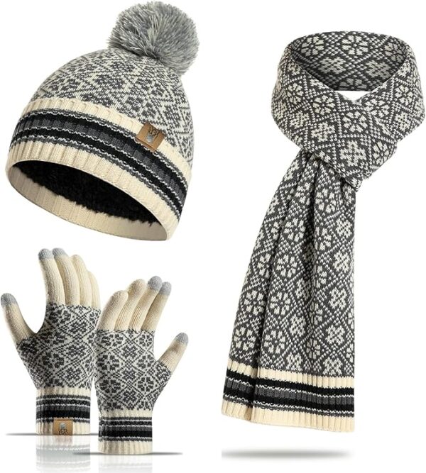 Womens Winter Beanie Hat Long Scarf and Touchscreen Gloves